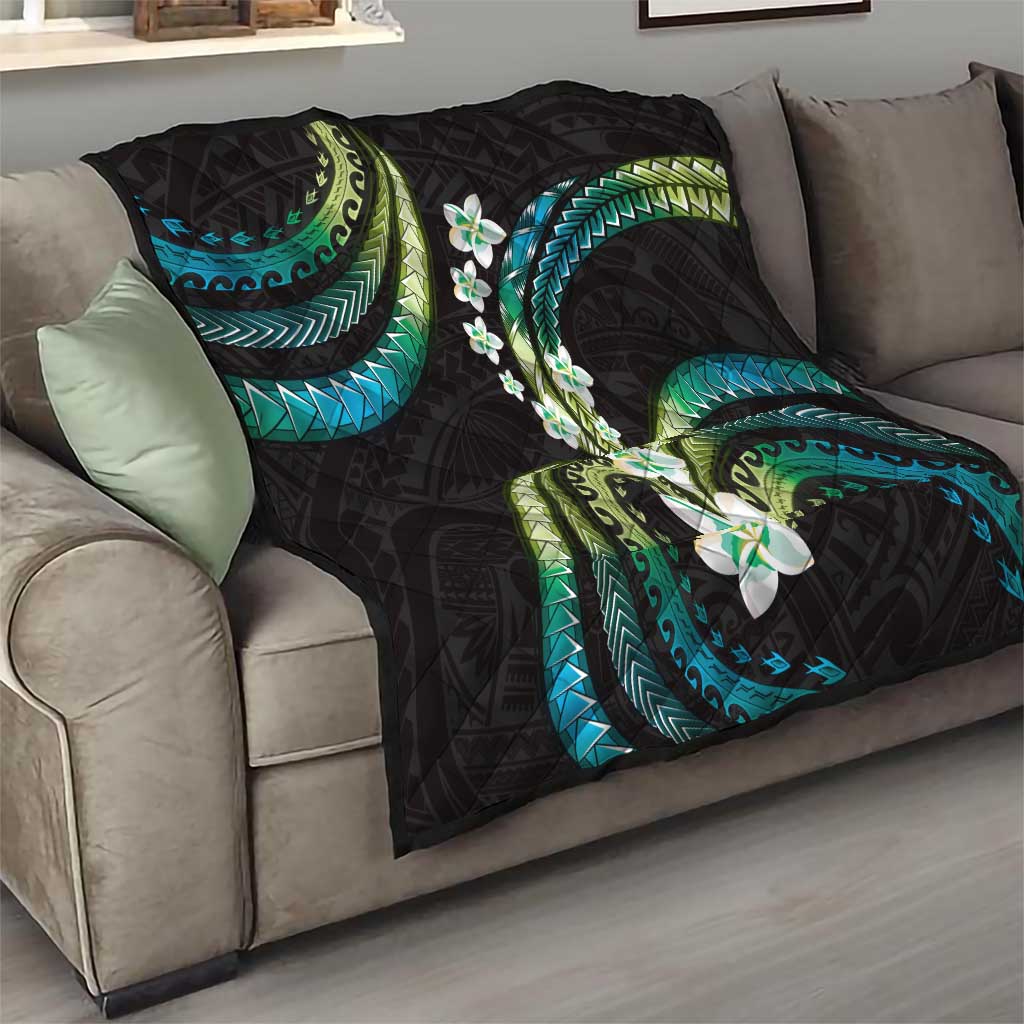 Hawaii Plumeria Quilt Chartreuse Cyan Polynesian Pattern