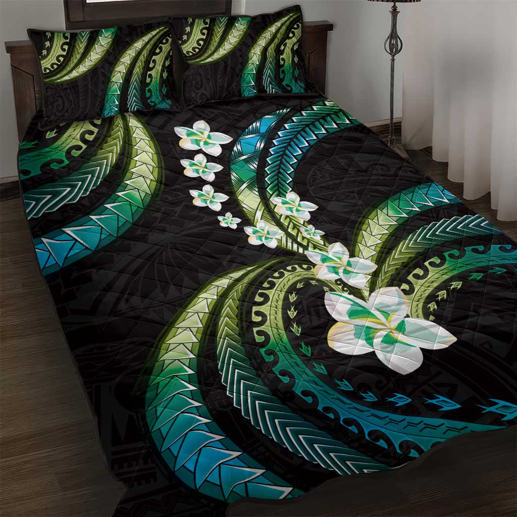 Hawaii Plumeria Quilt Bed Set Chartreuse Cyan Polynesian Pattern
