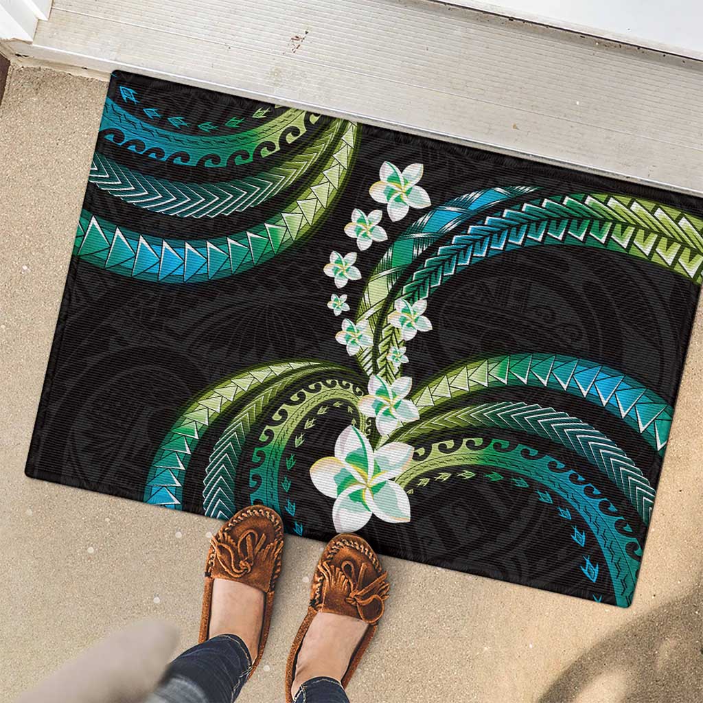 Hawaii Plumeria Rubber Doormat Chartreuse Cyan Polynesian Pattern