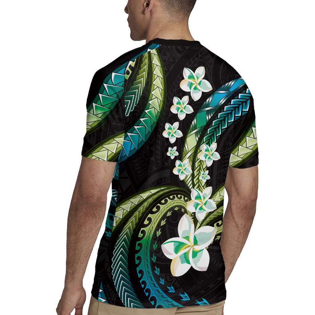 Hawaii Plumeria Rugby Jersey Chartreuse Cyan Polynesian Pattern