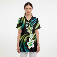 Hawaii Plumeria Scrub Top Chartreuse Cyan Polynesian Pattern - Polynesian Pride