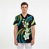 Hawaii Plumeria Scrub Top Chartreuse Cyan Polynesian Pattern - Polynesian Pride