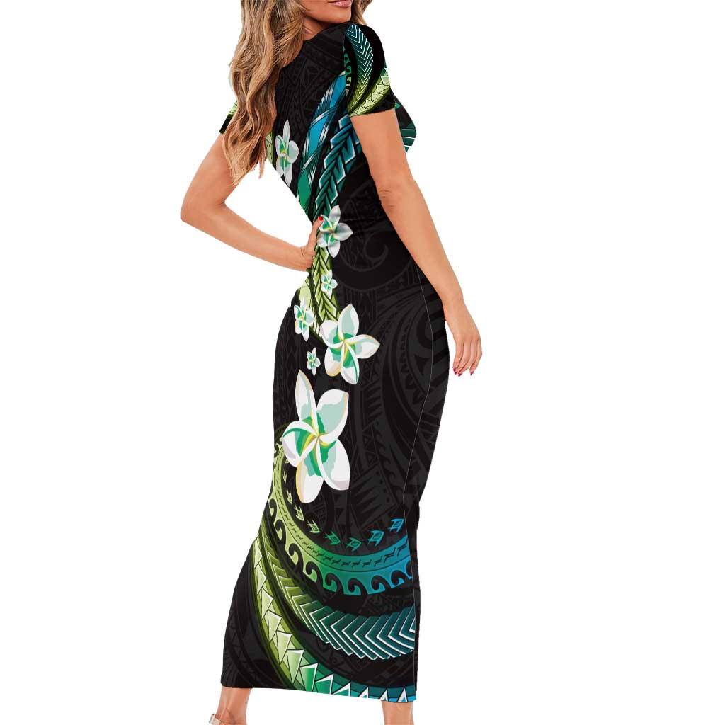 Hawaii Plumeria Short Sleeve Bodycon Dress Chartreuse Cyan Polynesian Pattern