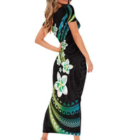 Hawaii Plumeria Short Sleeve Bodycon Dress Chartreuse Cyan Polynesian Pattern