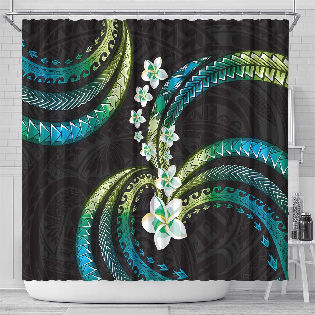 Hawaii Plumeria Shower Curtain Chartreuse Cyan Polynesian Pattern