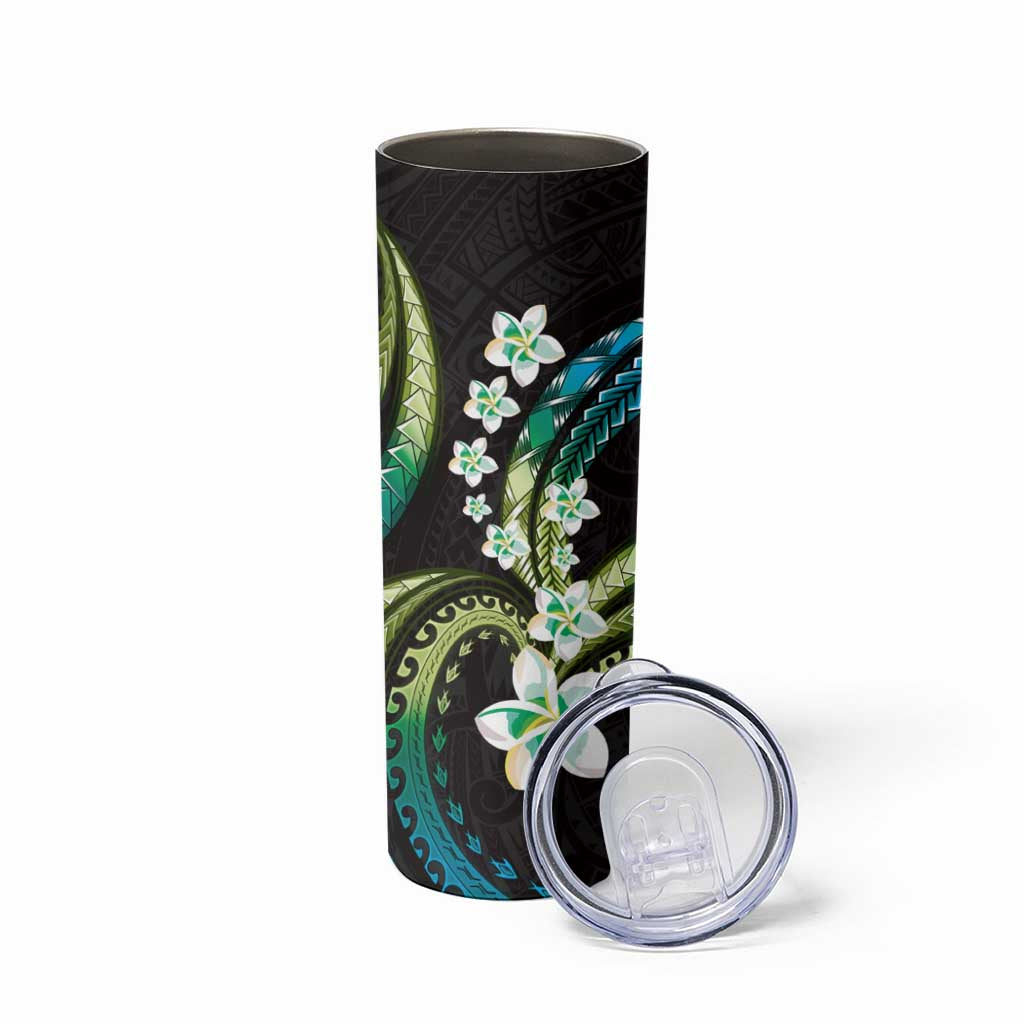 Hawaii Plumeria Skinny Tumbler Chartreuse Cyan Polynesian Pattern