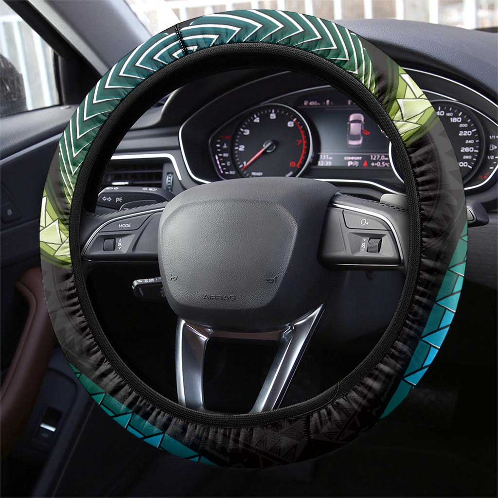 Hawaii Plumeria Steering Wheel Cover Chartreuse Cyan Polynesian Pattern