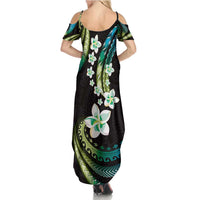 Hawaii Plumeria Summer Maxi Dress Chartreuse Cyan Polynesian Pattern