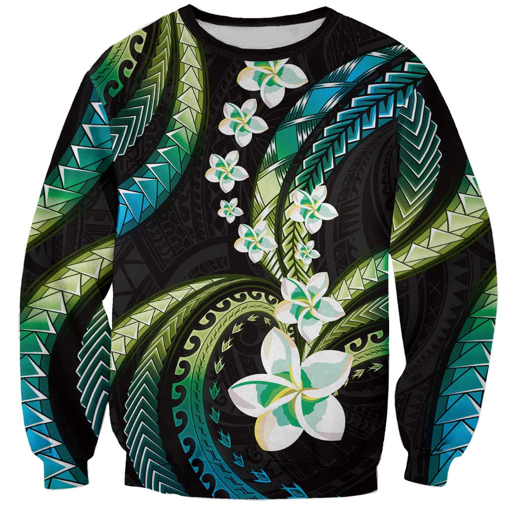 Hawaii Plumeria Sweatshirt Chartreuse Cyan Polynesian Pattern