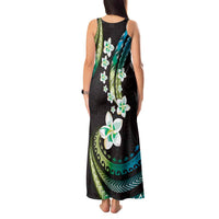 Hawaii Plumeria Tank Maxi Dress Chartreuse Cyan Polynesian Pattern
