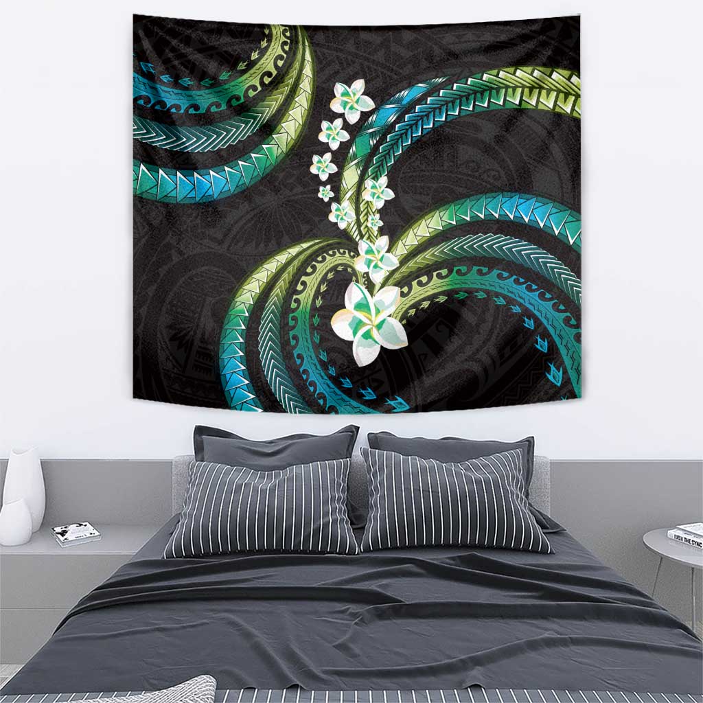 Hawaii Plumeria Tapestry Chartreuse Cyan Polynesian Pattern