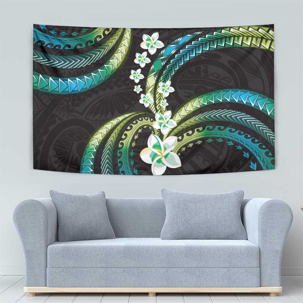 Hawaii Plumeria Tapestry Chartreuse Cyan Polynesian Pattern