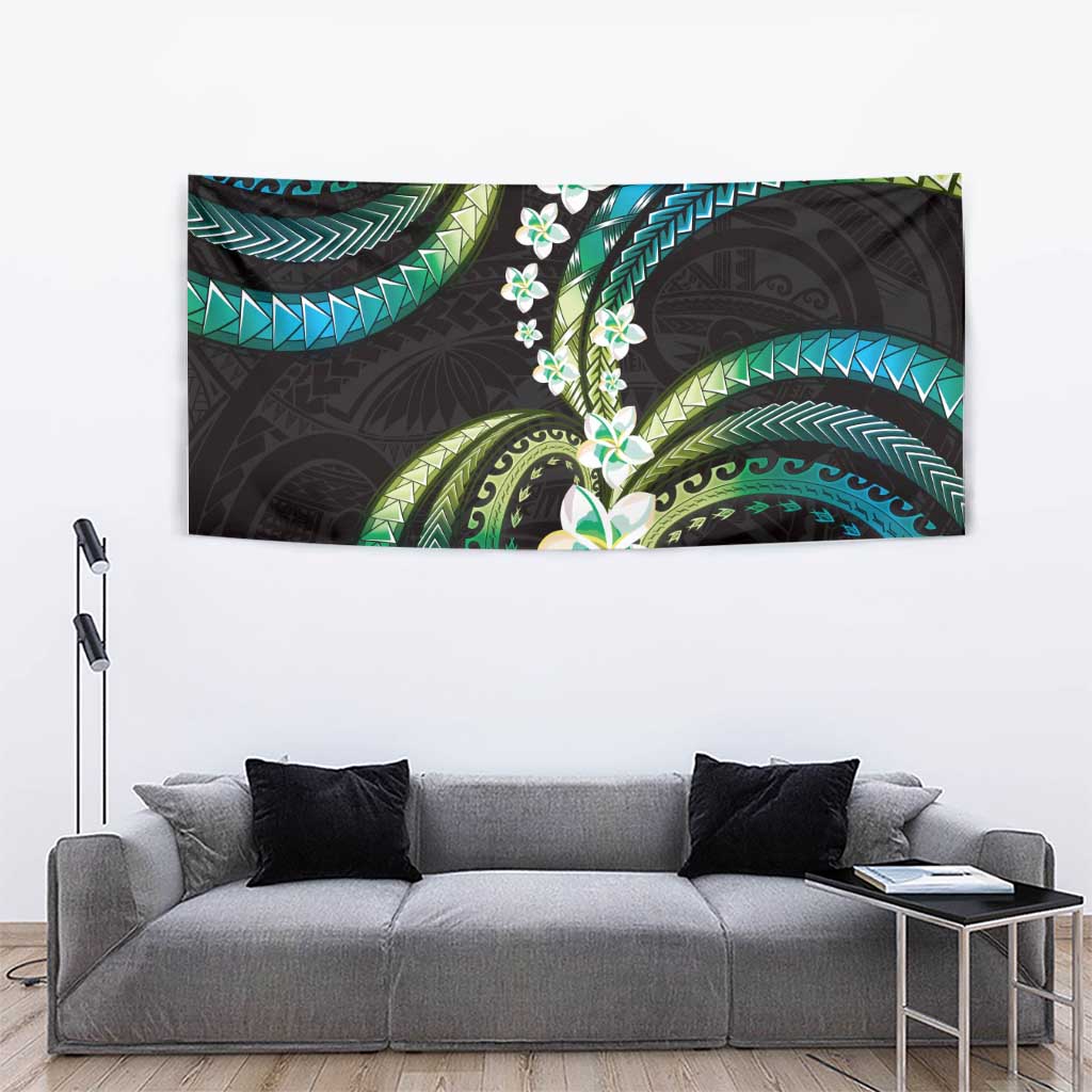 Hawaii Plumeria Tapestry Chartreuse Cyan Polynesian Pattern