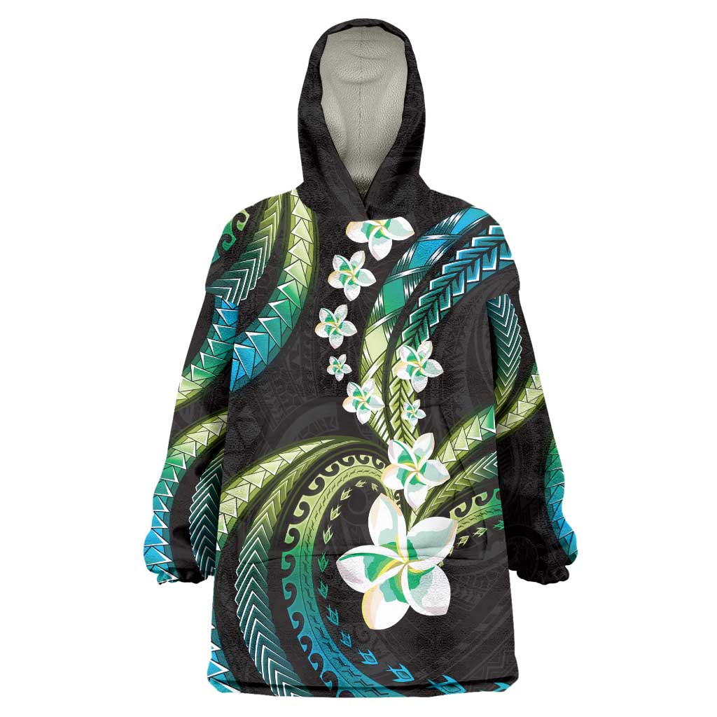 Hawaii Plumeria Wearable Blanket Hoodie Chartreuse Cyan Polynesian Pattern