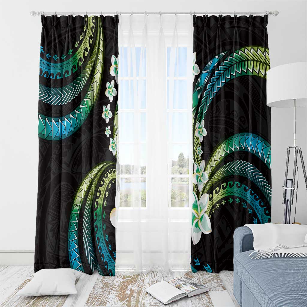 Hawaii Plumeria Window Curtain Chartreuse Cyan Polynesian Pattern