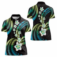 Hawaii Plumeria Women Polo Shirt Chartreuse Cyan Polynesian Pattern