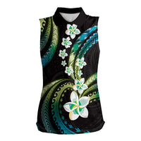Hawaii Plumeria Women Sleeveless Polo Shirt Chartreuse Cyan Polynesian Pattern