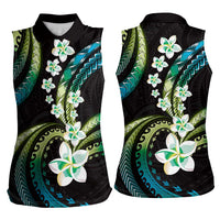 Hawaii Plumeria Women Sleeveless Polo Shirt Chartreuse Cyan Polynesian Pattern