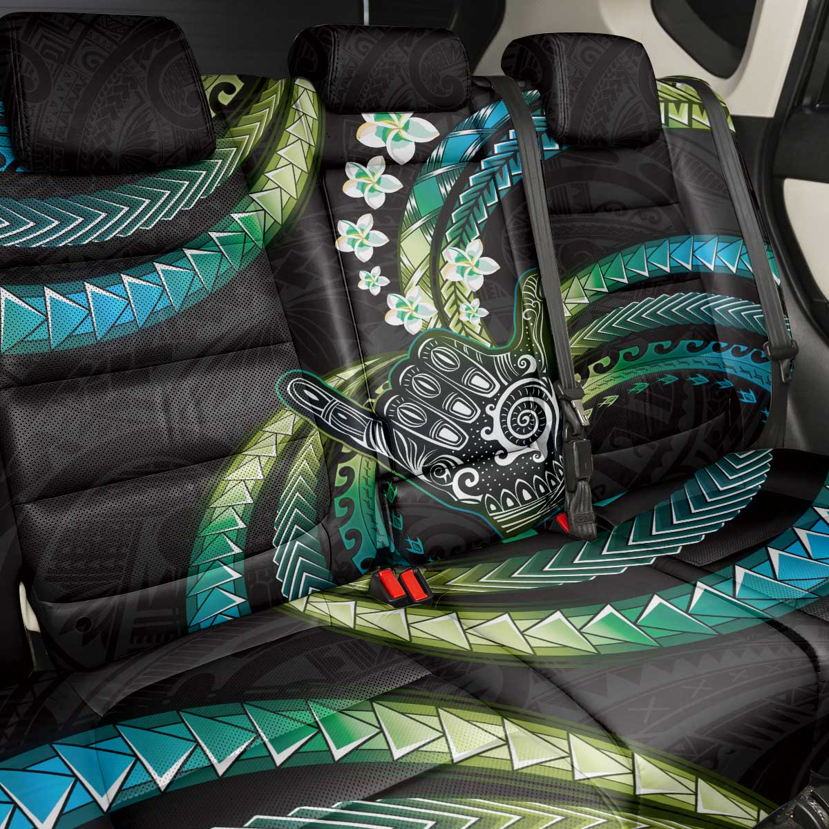 Hawaii Shaka Sign Back Car Seat Cover Fantastic Frangipani Chartreuse Cyan