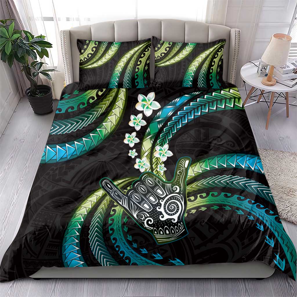Hawaii Shaka Sign Bedding Set Fantastic Frangipani Chartreuse Cyan
