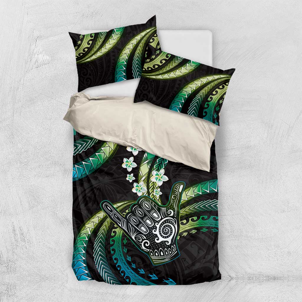 Hawaii Shaka Sign Bedding Set Fantastic Frangipani Chartreuse Cyan