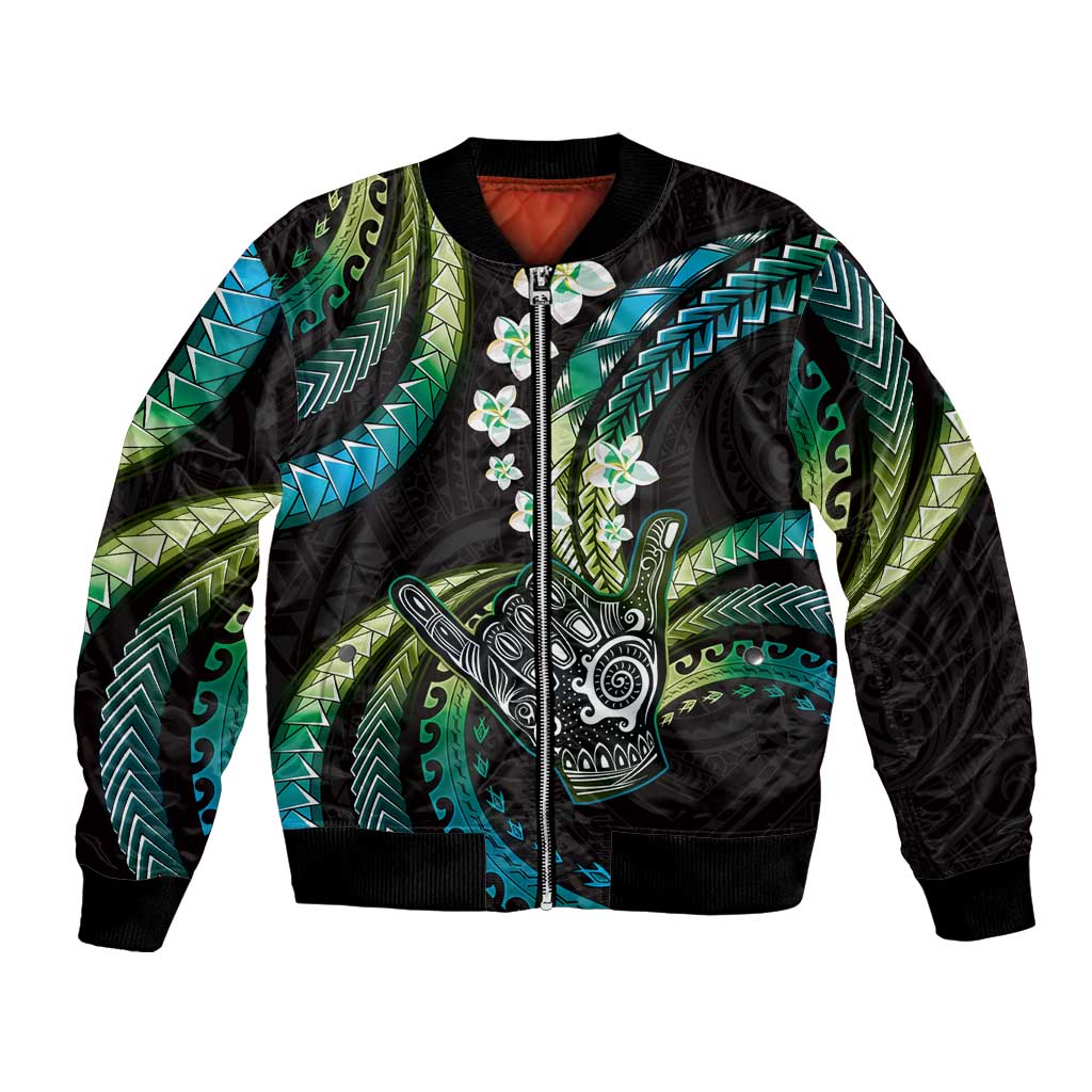 Hawaii Shaka Sign Bomber Jacket Fantastic Frangipani Chartreuse Cyan