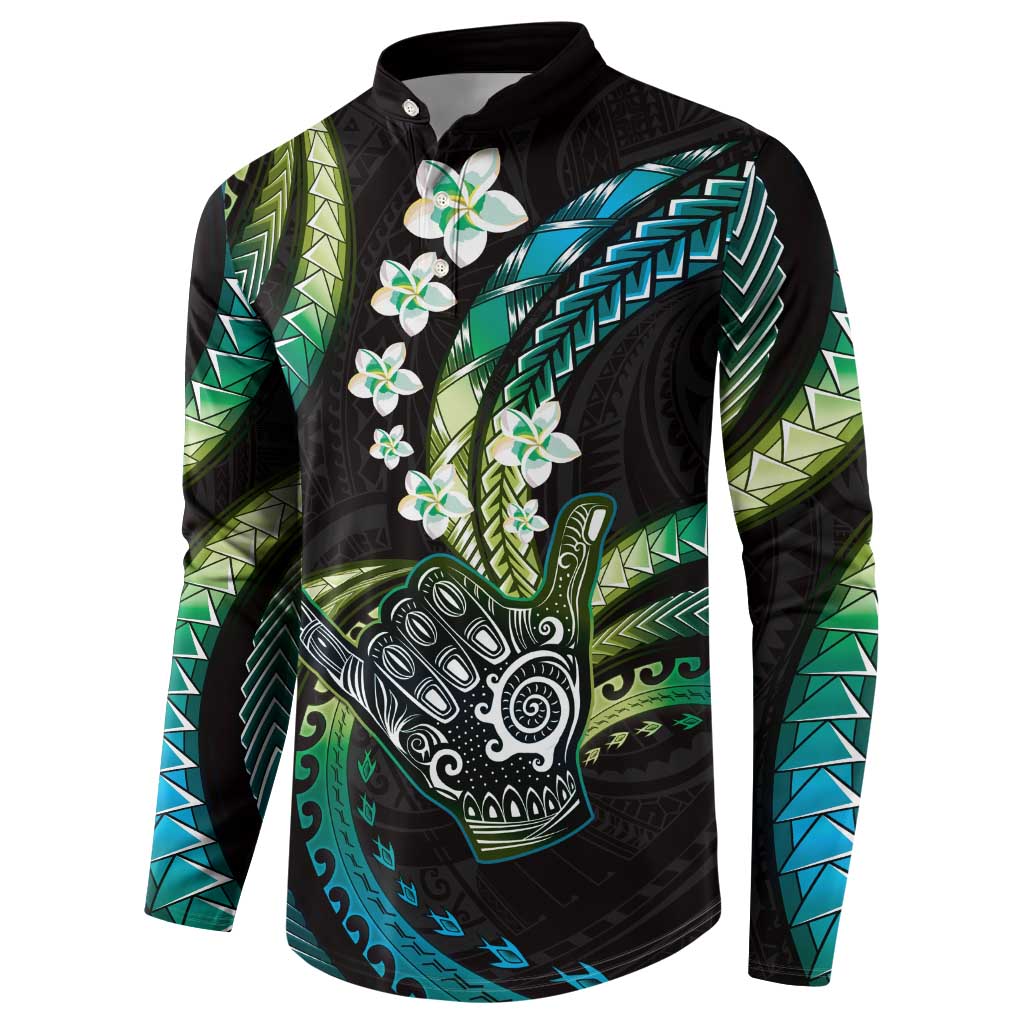 Hawaii Shaka Sign Button Sweatshirt Fantastic Frangipani Chartreuse Cyan