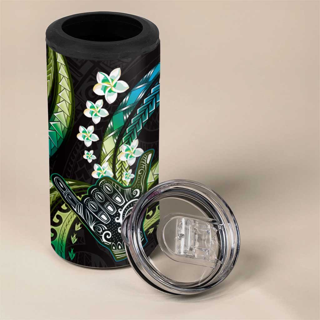 Hawaii Shaka Sign 4 in 1 Can Cooler Tumbler Fantastic Frangipani Chartreuse Cyan