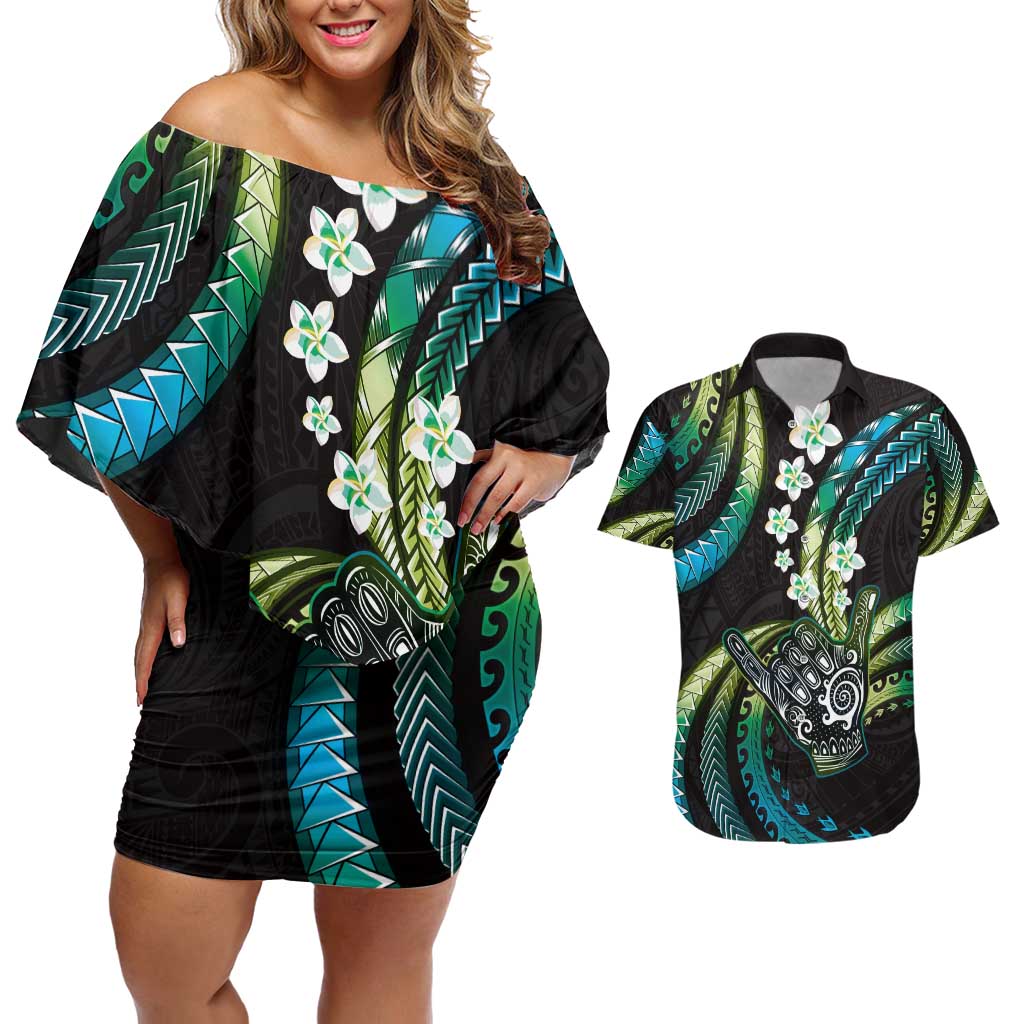 Hawaii Shaka Sign Couples Matching Off Shoulder Short Dress and Hawaiian Shirt Fantastic Frangipani Chartreuse Cyan