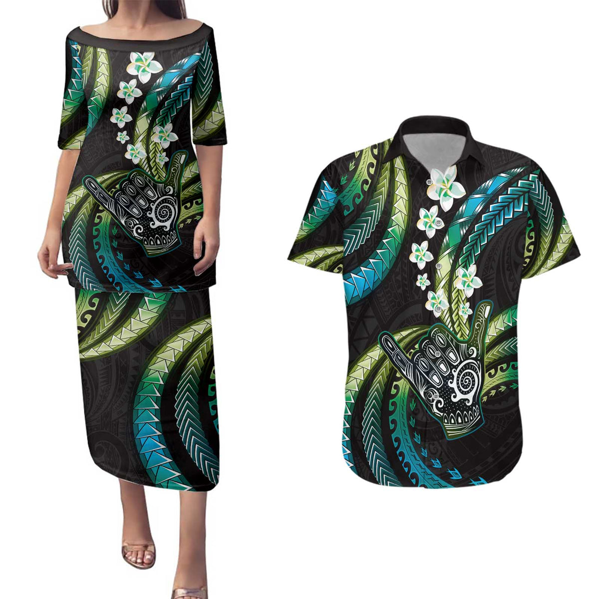 Hawaii Shaka Sign Couples Matching Puletasi and Hawaiian Shirt Fantastic Frangipani Chartreuse Cyan