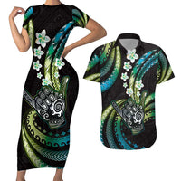 Hawaii Shaka Sign Couples Matching Short Sleeve Bodycon Dress and Hawaiian Shirt Fantastic Frangipani Chartreuse Cyan