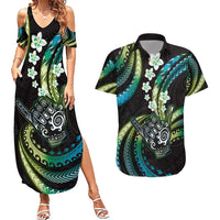 Hawaii Shaka Sign Couples Matching Summer Maxi Dress and Hawaiian Shirt Fantastic Frangipani Chartreuse Cyan