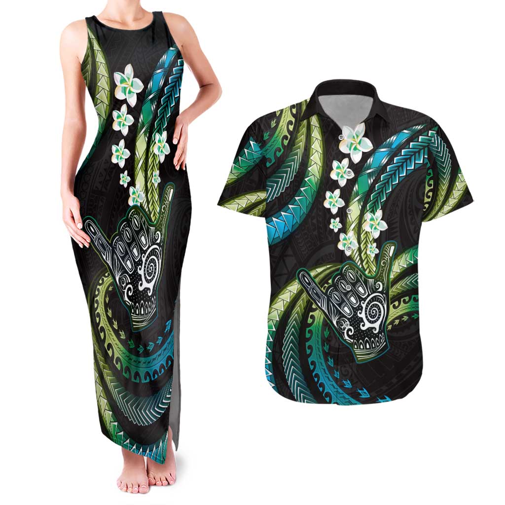 Hawaii Shaka Sign Couples Matching Tank Maxi Dress and Hawaiian Shirt Fantastic Frangipani Chartreuse Cyan