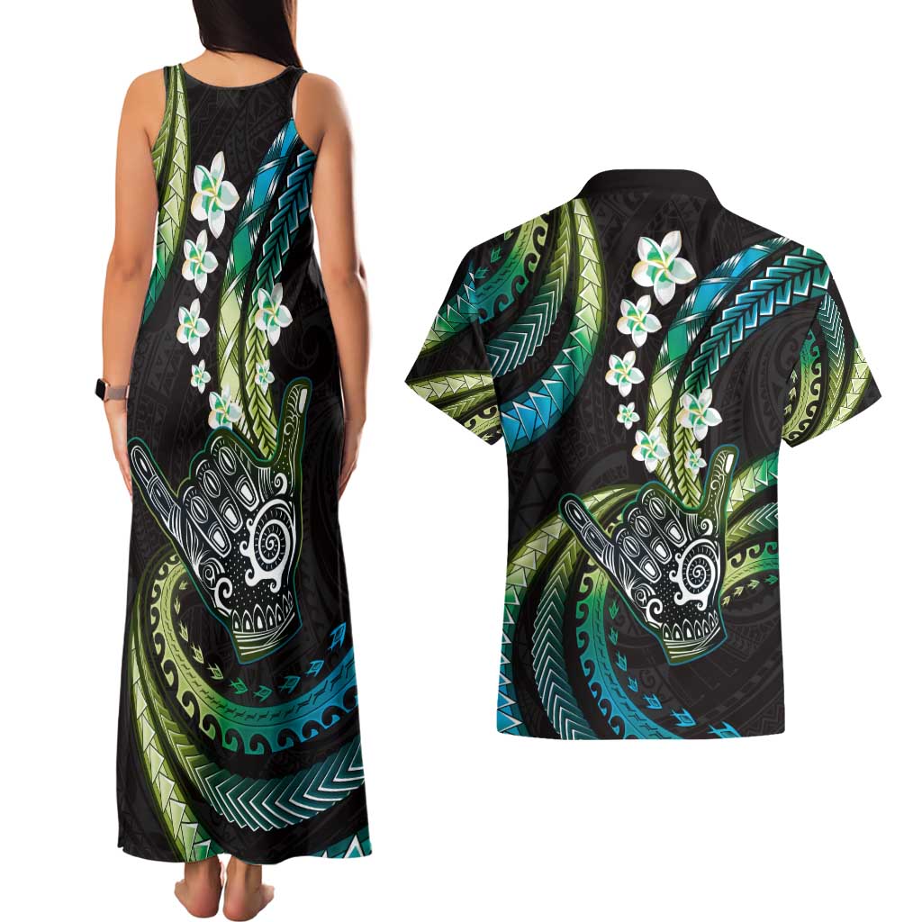 Hawaii Shaka Sign Couples Matching Tank Maxi Dress and Hawaiian Shirt Fantastic Frangipani Chartreuse Cyan