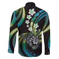 Hawaii Shaka Sign Family Matching Long Sleeve Bodycon Dress and Hawaiian Shirt Fantastic Frangipani Chartreuse Cyan