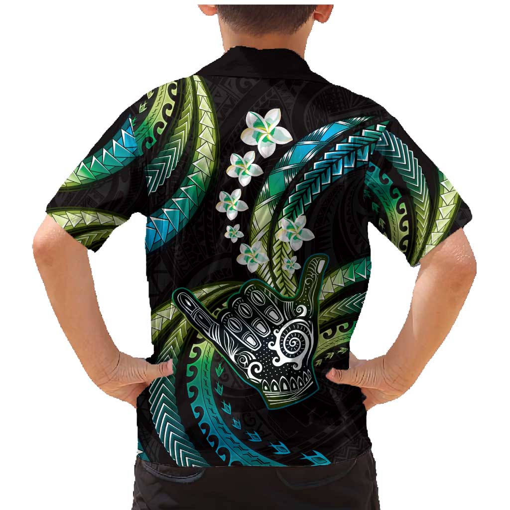 Hawaii Shaka Sign Family Matching Mermaid Dress and Hawaiian Shirt Fantastic Frangipani Chartreuse Cyan
