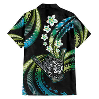 Hawaii Shaka Sign Family Matching Off The Shoulder Long Sleeve Dress and Hawaiian Shirt Fantastic Frangipani Chartreuse Cyan