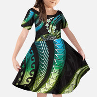 Hawaii Shaka Sign Family Matching Off Shoulder Maxi Dress and Hawaiian Shirt Fantastic Frangipani Chartreuse Cyan LT01 Daughter's Dress Cyan - Polynesian Pride