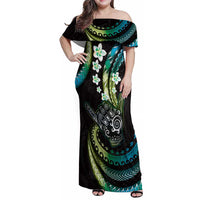 Hawaii Shaka Sign Family Matching Off Shoulder Maxi Dress and Hawaiian Shirt Fantastic Frangipani Chartreuse Cyan LT01 Mom's Dress Cyan - Polynesian Pride