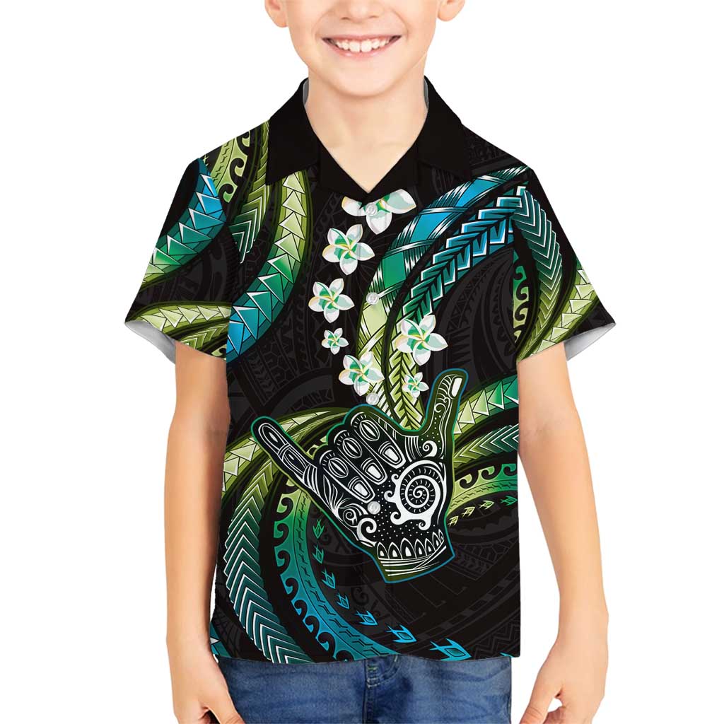Hawaii Shaka Sign Family Matching Off Shoulder Maxi Dress and Hawaiian Shirt Fantastic Frangipani Chartreuse Cyan LT01 Son's Shirt Cyan - Polynesian Pride