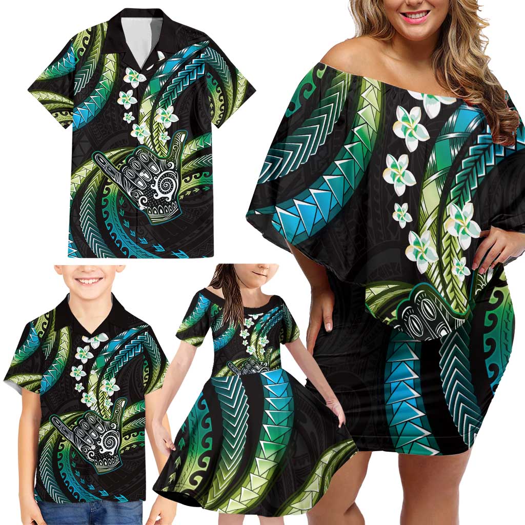 Hawaii Shaka Sign Family Matching Off Shoulder Short Dress and Hawaiian Shirt Fantastic Frangipani Chartreuse Cyan LT01 - Polynesian Pride