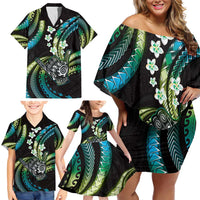 Hawaii Shaka Sign Family Matching Off Shoulder Short Dress and Hawaiian Shirt Fantastic Frangipani Chartreuse Cyan LT01 - Polynesian Pride