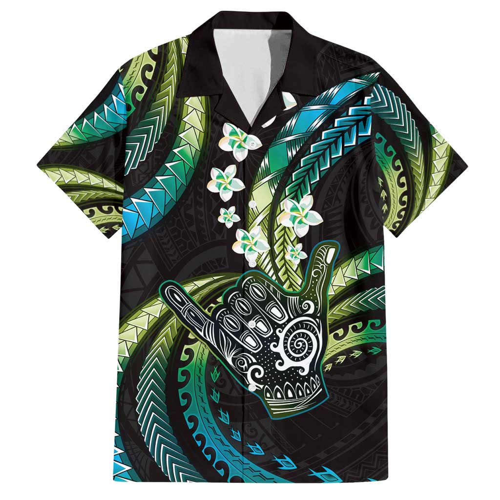 Hawaii Shaka Sign Family Matching Off Shoulder Short Dress and Hawaiian Shirt Fantastic Frangipani Chartreuse Cyan LT01 Dad's Shirt - Short Sleeve Cyan - Polynesian Pride