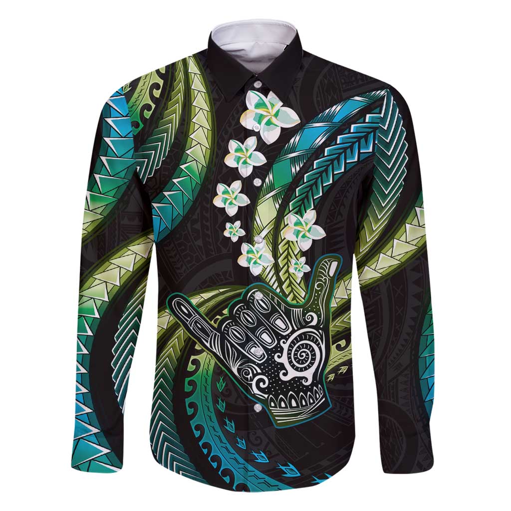 Hawaii Shaka Sign Family Matching Off Shoulder Short Dress and Hawaiian Shirt Fantastic Frangipani Chartreuse Cyan LT01 Dad's Shirt - Long Sleeve Cyan - Polynesian Pride