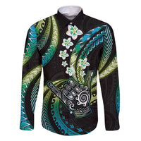 Hawaii Shaka Sign Family Matching Off Shoulder Short Dress and Hawaiian Shirt Fantastic Frangipani Chartreuse Cyan LT01 Dad's Shirt - Long Sleeve Cyan - Polynesian Pride