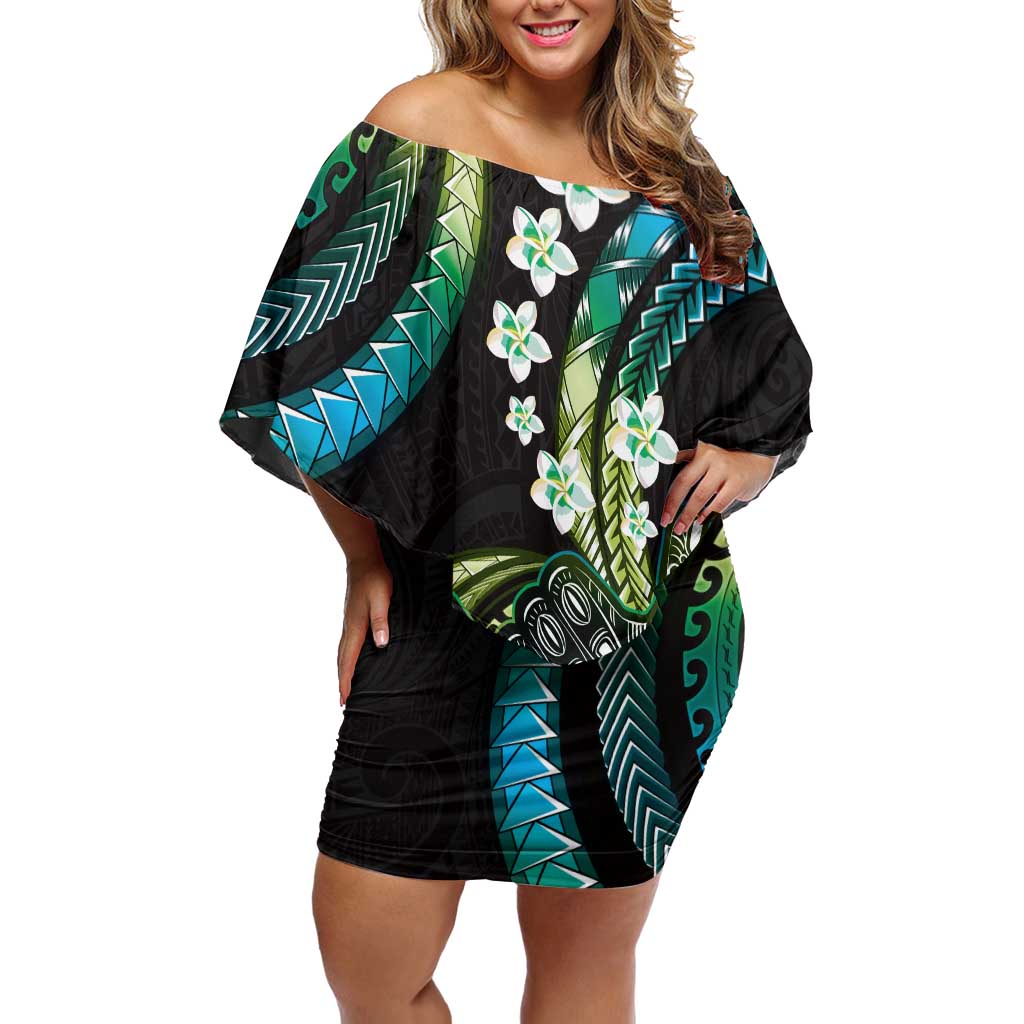 Hawaii Shaka Sign Family Matching Off Shoulder Short Dress and Hawaiian Shirt Fantastic Frangipani Chartreuse Cyan LT01 Mom's Dress Cyan - Polynesian Pride