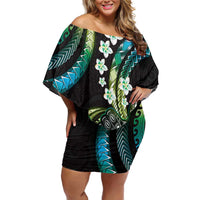Hawaii Shaka Sign Family Matching Off Shoulder Short Dress and Hawaiian Shirt Fantastic Frangipani Chartreuse Cyan LT01 Mom's Dress Cyan - Polynesian Pride