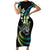 Hawaii Shaka Sign Family Matching Short Sleeve Bodycon Dress and Hawaiian Shirt Fantastic Frangipani Chartreuse Cyan