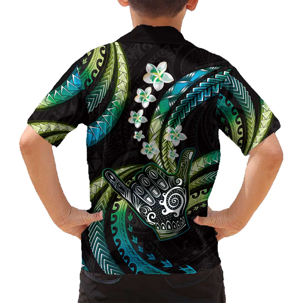 Hawaii Shaka Sign Family Matching Summer Maxi Dress and Hawaiian Shirt Fantastic Frangipani Chartreuse Cyan LT01 - Polynesian Pride