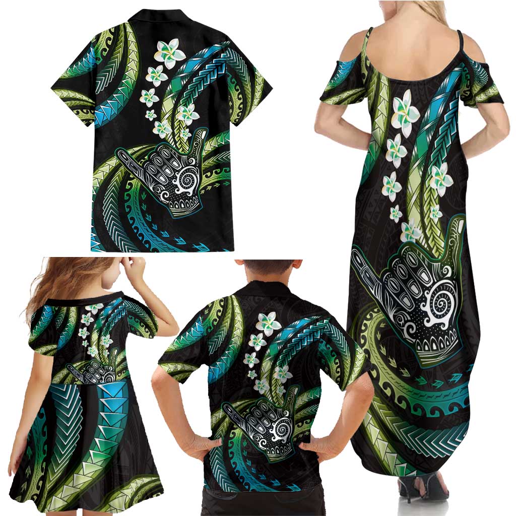 Hawaii Shaka Sign Family Matching Summer Maxi Dress and Hawaiian Shirt Fantastic Frangipani Chartreuse Cyan LT01 - Polynesian Pride